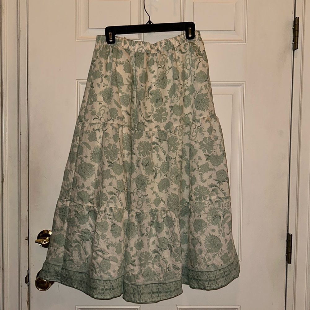 Moon River Cream and Sage Green Floral Maxi Skirt